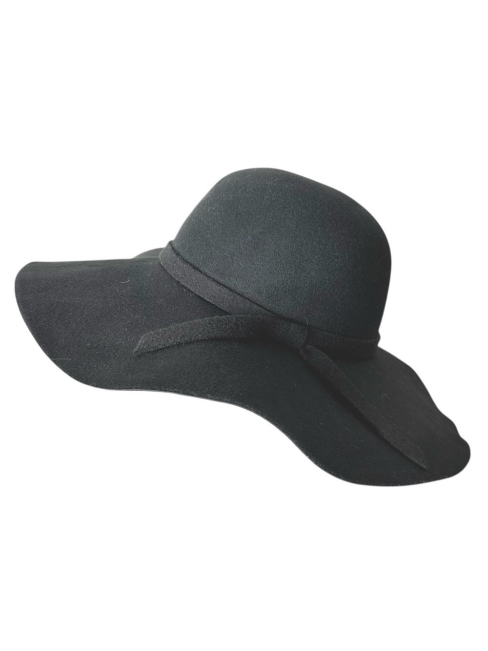 Black Felt Wide Brim Boho Floppy Hat Tied Band Ribbon Retro